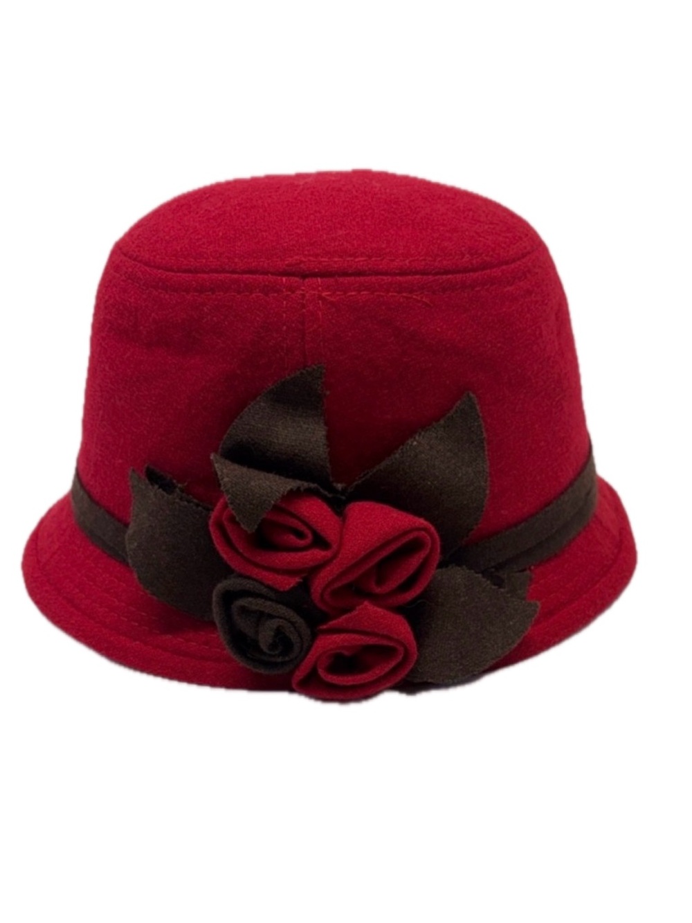 Vintage Style Wool Blend Cloche Hat Deep Red Burgundy Rose Floral Cap 56